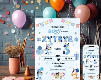 Bewerkbare Bluey verjaardagskaart (jongen), uitnodiging voor kinderfeestje (digitale download)