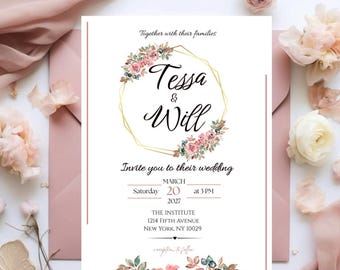 Trouwuitnodiging met rozenmotief: Bloemenbruiloft Canva-ontwerp (digitale download)