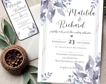 Lavender Botanical Wedding Invitation Template | Watercolor Leaves Printable Invite (Digital Download)