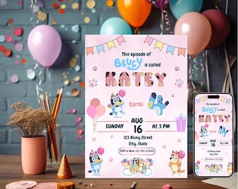 Bewerkbare Bluey verjaardagskaart (meisje), uitnodiging voor kinderfeestje (digitale download)