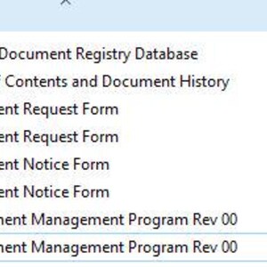 May include: A digital file directory list displaying various document titles including Master Document Registry Database, Document Request Form, Document Notice Form, and Document Management Program, with associated file icons and modification dates.