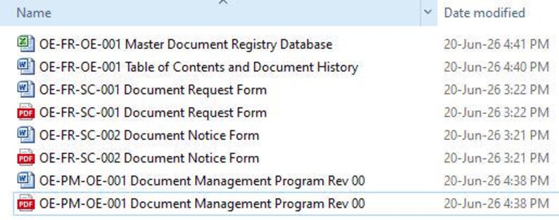 May include: A digital file directory list displaying various document titles including Master Document Registry Database, Document Request Form, Document Notice Form, and Document Management Program, with associated file icons and modification dates.