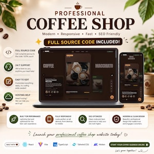 Plantilla web profesional para cafeterías / Código fuente completo en React / Animación 3D interactiva (Descarga digital)