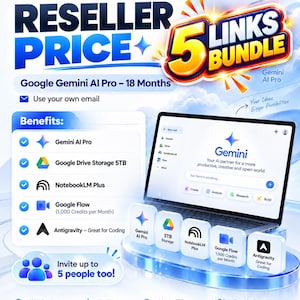 Op de afbeelding: Een digitale promotieafbeelding voor een 18-maanden Google Gemini AI Pro resellerbundel. De afbeelding toont een laptop met de Gemini-interface, vijf vierkante iconen die diensten vertegenwoordigen en tekst met voordelen zoals 5TB opslagruimte.
