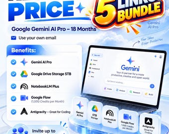 Può includere: Una grafica promozionale digitale per un pacchetto rivenditore Google Gemini AI Pro da 18 mesi. L'immagine mostra un computer portatile con l'interfaccia Gemini, cinque icone quadrate che rappresentano i servizi e testo che elenca i vantaggi.
