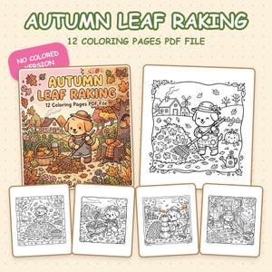 Autumn Leaf Raking Coloring Pages, Cute Puppy Fall Yard Coloring Book, Printable PDF Download
