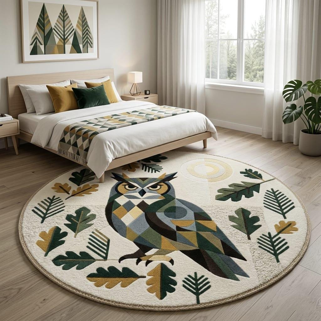 Geometric Owl Forest Round Rug &ndash; Woodland Nature Home Decor