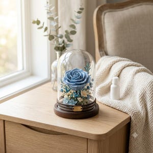 Ceramic Eternal Rose in Glass Dome, Luxury Wedding Keepsake Gift for Bride, Handmade Essential Oil Diffuser Flower Romantic Home Decor Blue