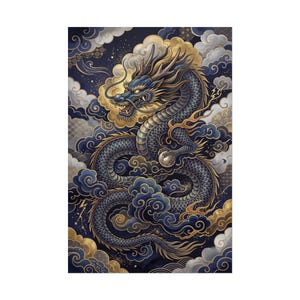 Dragon Coiling Through Clouds Japanese Mythology Poster — Dragon Wall Art, Navy Gold Dragon Print, Japanese Temple Style Mythical Decor