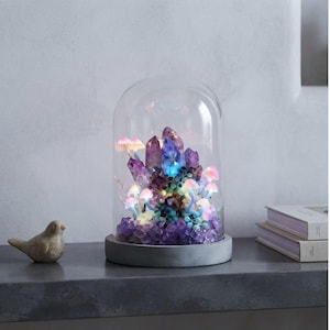 Puede incluir: Una cúpula de cristal sobre una base circular gris encierra un grupo de cristales de amatista morados y pequeños hongos artificiales brillantes. Los hongos emiten una luz suave que ilumina los cristales y las piedras moradas de la base.