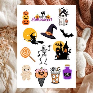 May include: A sticker sheet featuring various Halloween-themed illustrations including a stack of three jack-o'-lanterns, a ghost holding a broom, a witch on a broomstick, a witch hat, a bat, a lollipop, a skeleton, a haunted house, a mummy, a pumpkin ice cream cone, a ghost-filled drink, and a purple potion bottle with a skull label.