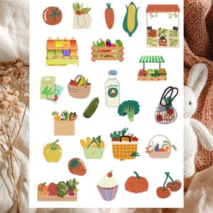 May include: A sticker sheet featuring various illustrations of fresh produce, market stalls, grocery bags, a bottle of milk, a cupcake, and baskets filled with vegetables and fruits. The designs include a tomato, carrot, corn, broccoli, and pumpkin.