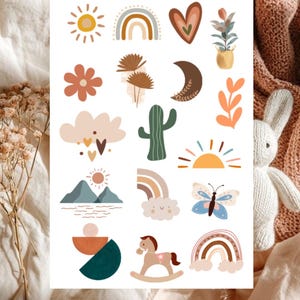 May include: A sticker sheet featuring various illustrations including a sun, rainbows, a heart, a potted plant, a flower, palm leaves, a crescent moon, a cactus, a cloud with hearts, a mountain landscape, a butterfly, and a rocking horse.