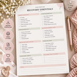 May include: A postpartum recovery essentials checklist printed on white paper with soft pink and sage green headers. The document includes sections for comfort, feeding, bedside station, C-section needs, personal care, and household tasks, with checkboxes.