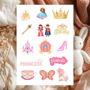 May include: A sticker sheet featuring watercolor illustrations of a golden castle, a princess, a crown, a scepter, a royal couple, a carriage, a pink castle, a pumpkin carriage, a high-heeled shoe, the text PRINCESS, a teacup, a butterfly, and a unicorn.