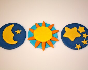 SUN, MOON, STARS  -  Fondant Cupcake, and Cookie Toppers - 1 Dozen