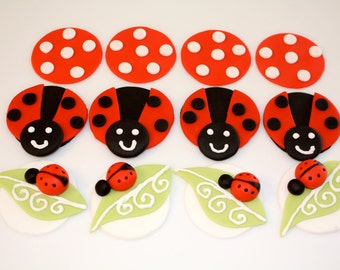 LADY BUGS -  Fondant Cupcake, and Cookie Toppers - 1 Dozen