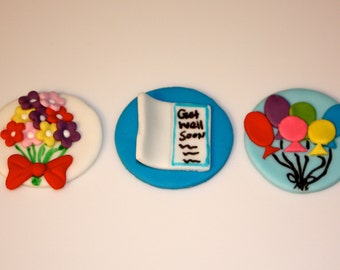 GET WELL, Flower, Balloons, and Cards - Fondant Cupcake, and Cookie Toppers - 1 Dozen