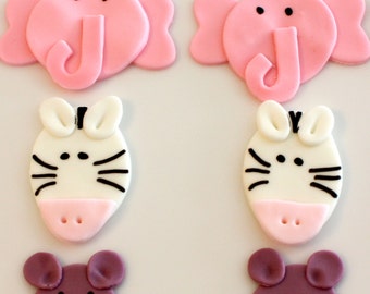 JUNGLE ANIMALS - Fondant Cupcake, and Cookie Toppers - 1 Dozen