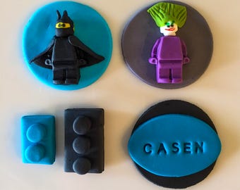 Batman building block set - fondant topppers for cupcakes, cookies, and cakes - 1 Dozen