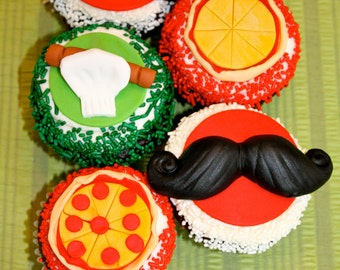 PIZZA ITALIAN CHEF -  Fondant Cupcake, and Cookie Tops - 1 Dozen