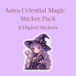 以下が含まれることがあります： Astra Celestial Magic Sticker Pack 8 Digital Stickersというタイトルのデジタルステッカーパック。長い紫色の髪をしたキャラクターが、金色の星が散りばめられた濃い紫色の魔女の帽子とドレスを身にまとい、光るオーブを持っているイラストが描かれています。