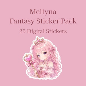 以下が含まれることがあります： Meltyna Fantasy Sticker Pack 25 Digital Stickersというタイトルのデジタルステッカーパック。長いピンクの髪、王冠、ハート型の杖を持ったキャラクターのイラストが、淡いピンク色の背景に描かれています。