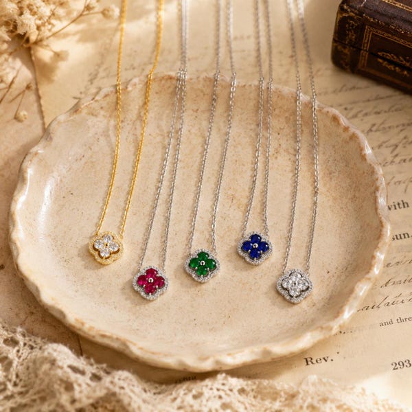 Personalized Multicolor Birthstone Four Leaf Clover Necklace, Dainty Gemstone Pendant, Gold-Plated Sterling Silver