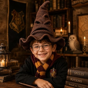 May include: A brown crocheted pointed hat with a wide, wavy brim and a textured surface resembling a face with folds. The hat features a tall, slightly bent crown and is crafted from yarn, displaying a detailed, hand-stitched appearance.