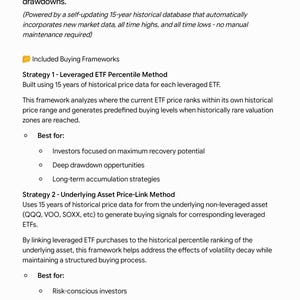 Peut inclure: Un document détaillant deux cadres d'achat testés sur 15 ans pour les ETF à effet de levier. Il présente la méthode du centile des ETF à effet de levier et la méthode de lien de prix des actifs sous-jacents, avec des données historiques.