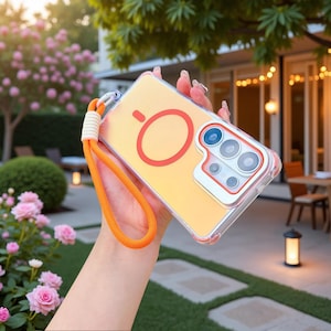 May include: A clear smartphone case with a bright orange circular magnetic ring on the back and a matching orange camera lens frame. The case features a thick, braided orange wrist strap attached to the side with a white connector.