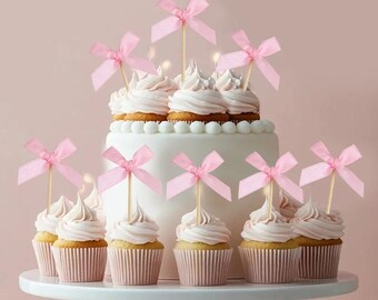 12PCS Pink Bow Cupcake Toppers Bowknot Cake Decoration for Birthday Wedding Bachelorette Party Supplies