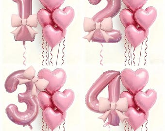 6PCS Pink Bow Heart Balloons with 32 Inch Pink Number Foil Balloon for Wedding Engagement Anniversary Party Decor
