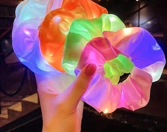 10PCS LED Light Up Hair Scrunchie Elastic Satin Ponytail Holder Hair Band Party Accessory