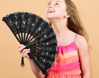 Elegant Lace Folding Hand Fan with Tassel Vintage Style Portable Dance Performance Prop