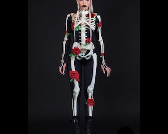 Disfraz de esqueleto de Halloween para mujer, body del Día de Muertos, mono de esqueleto de una pieza con rosas, disfraz de Halloween para adulto