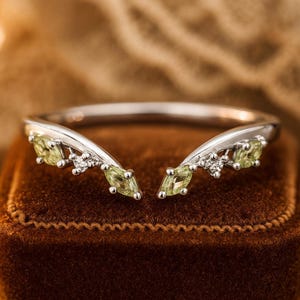 Peridot Marquise Open Ring | Chevron V Shape Silver Ring | Minimal Green Gemstone Stacking Ring.