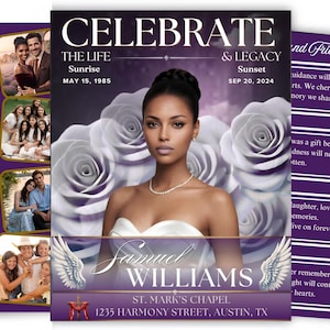 May include: A funeral programme template featuring a portrait of a person in a white dress, surrounded by large white roses. The text reads CELEBRATE THE LIFE & LEGACY, SAMUEL WILLIAMS, and includes dates, location details, and small photo collages.