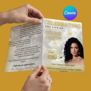 Puede incluir: Un folleto de programa funerario titulado Celebrating the Life of Helene Paquet, con el retrato de una mujer de cabello oscuro y rizado, gráficos de rosas blancas y texto que detalla fechas, lugar del servicio y agradecimiento familiar.