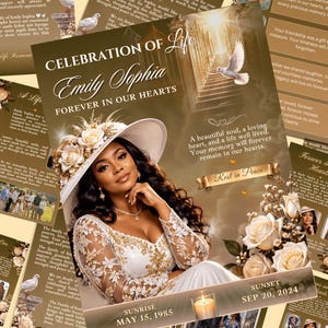 Puede incluir: Un folleto conmemorativo titulado Celebration of Life para Emily Sophia, con el retrato de una persona con sombrero blanco y vestido de encaje, una paloma blanca, escaleras doradas y las fechas 15 de mayo de 1985 y 20 de sept de 2024.