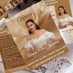 Puede incluir: Una plantilla de programa funerario con el retrato de una persona con un vestido de encaje blanco con hombros descubiertos. El diseño incluye el texto IN LOVING MEMORY, Amara Elise Johnson, Sunrise: Dec 25, 1934, Sunset: Sep 13, 2023 y A LIFE BEAUTIFULLY LIVED.