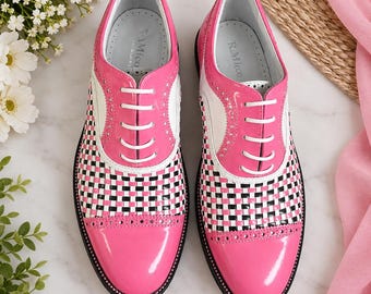 Eleganti scarpe Oxford intrecciate rosa e bianche
