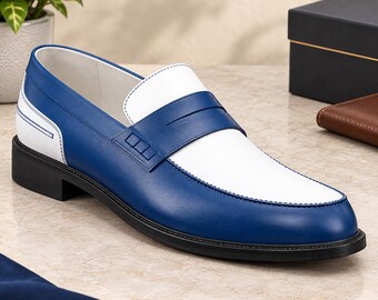 Handmade Blue White Leather Monk Strap Shoes – Classic Formal Dress Footwear