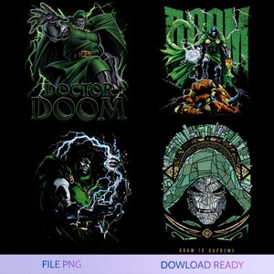 May include: A collection of four Doctor Doom graphic illustrations on a black background. The designs feature the character in green armor and a cape, with lightning effects, the text DOCTOR DOOM, and the text DOOM IS SUPREME in a stained glass style.