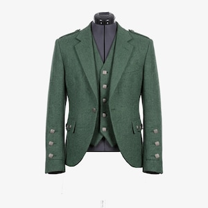 May include: A forest green wool blazer and matching waistcoat set featuring a textured herringbone pattern. The blazer includes notched lapels, epaulettes, and three decorative metal buttons on each cuff. The waistcoat has a five-button front closure.