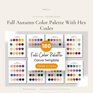 Op de afbeelding: Een digitale download met 180 herfstkleurenpaletten met hex-codes in een Canva-sjabloon. De afbeelding toont meerdere vellen met cirkelvormige kleurstalen in verschillende tinten rood, oranje, geel, groen en blauw, voorzien van tekst.