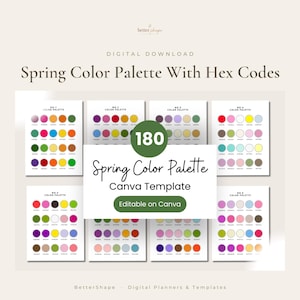 Op de afbeelding: Een digitale download met een Canva-sjabloon voor een lentekleurenpalet met hex-codes. De afbeelding toont acht afzonderlijke vellen, elk met meerdere rijen gekleurde cirkels met bijbehorende tekstlabels en hex-codes voor ontwerpgebruik.