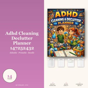 Op de afbeelding: Een digitale ADHD Cleaning & Declutter Planner met 14 pagina's. De omslag toont twee kinderen die een rommelige kamer opruimen met schoonmaakmiddelen, een teddybeer en een checklist. De tekst luidt ADHD Cleaning & Declutter Planner.