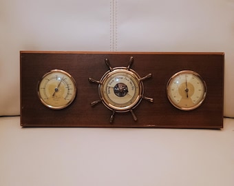 Vintage West Germany Sears Weather Station, Mid-Century Maritime Wood Wall Barometer Trio Professional