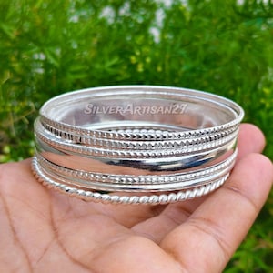 5 Piece 925 Sterling Silver Bangle Set, Statement Kada, Stackable Boho Bracelet